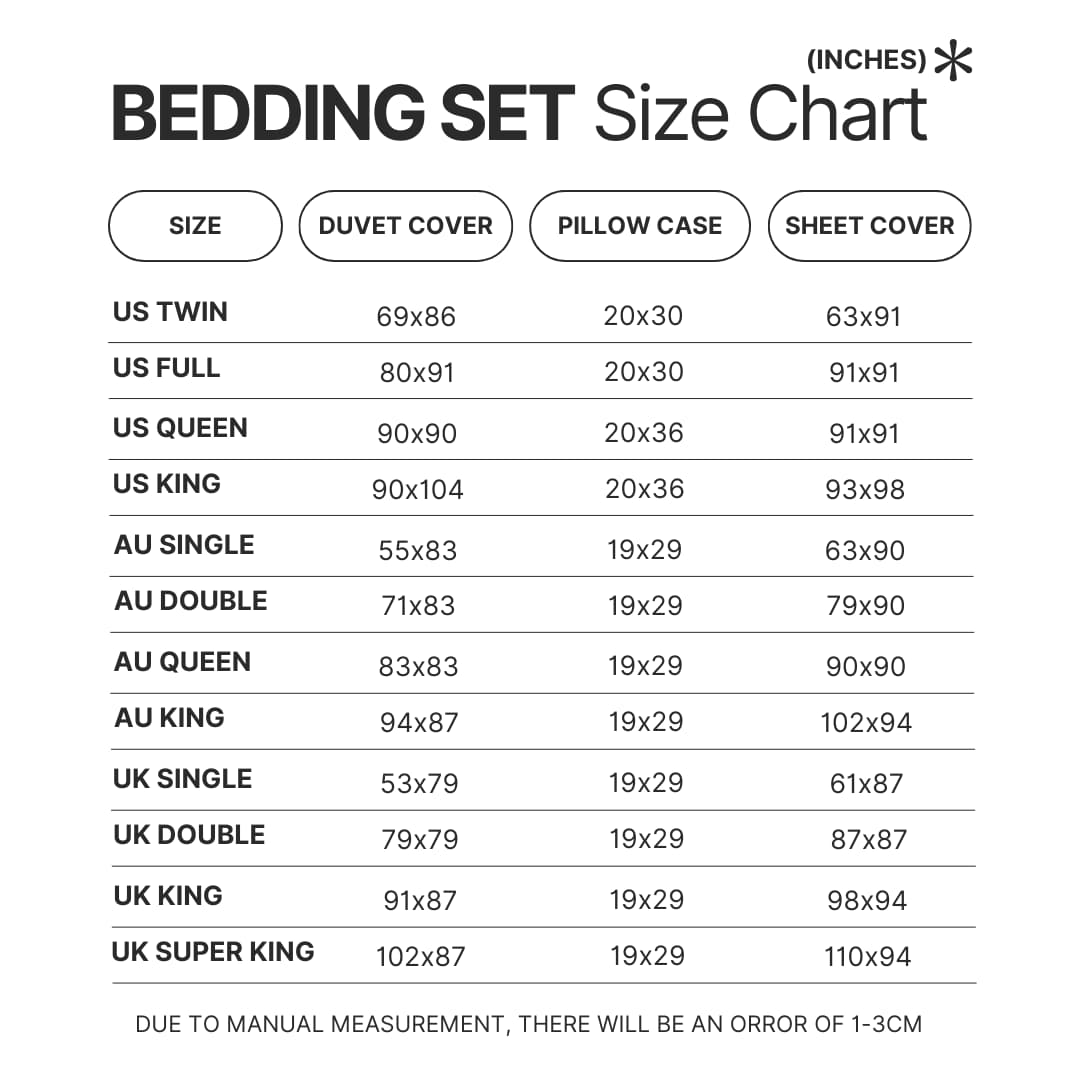 Beding Set Size Chart - Chococat Merch